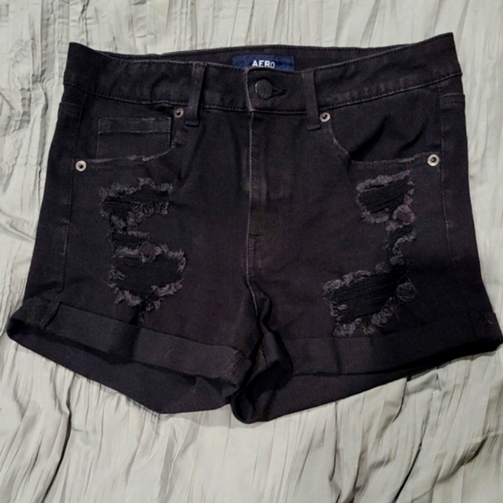 Aero High Rise Midi Black distressed jean shorts size 10